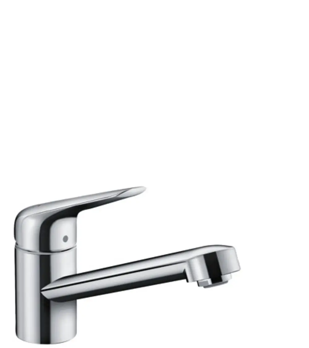 Hansgrohe Spültischmischer in Chrom-Optik mit seitlichem Hebel und auslaufendem Wasserhahn, geeignet für Küchenspülen.